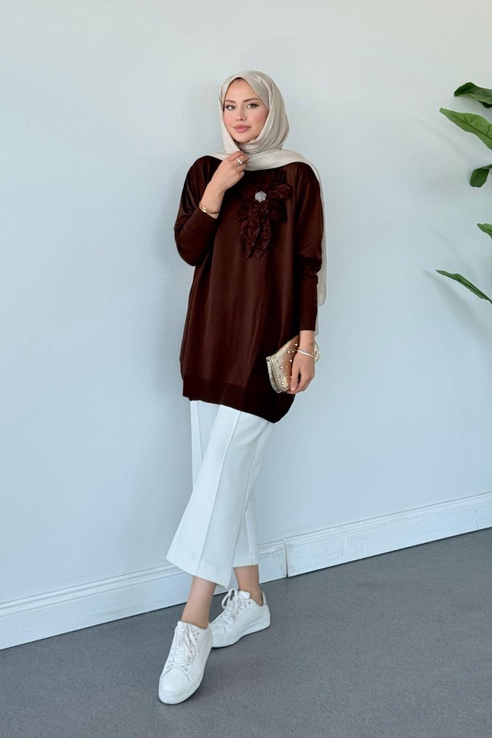 Merserize Çiçekli Tunik Kahverengi 2550 