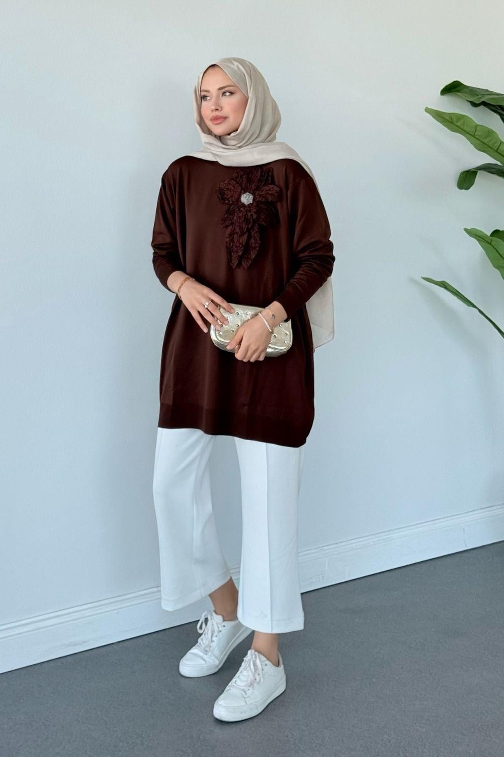 Merserize Çiçekli Tunik Kahverengi 2550 