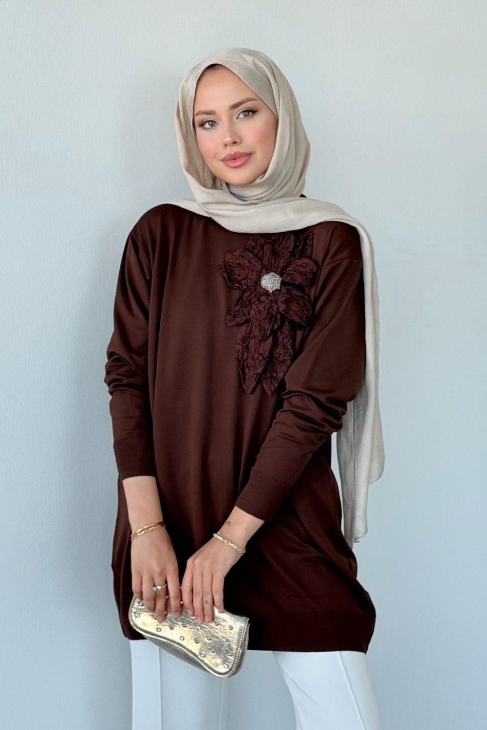 Merserize Çiçekli Tunik Kahverengi 2550 