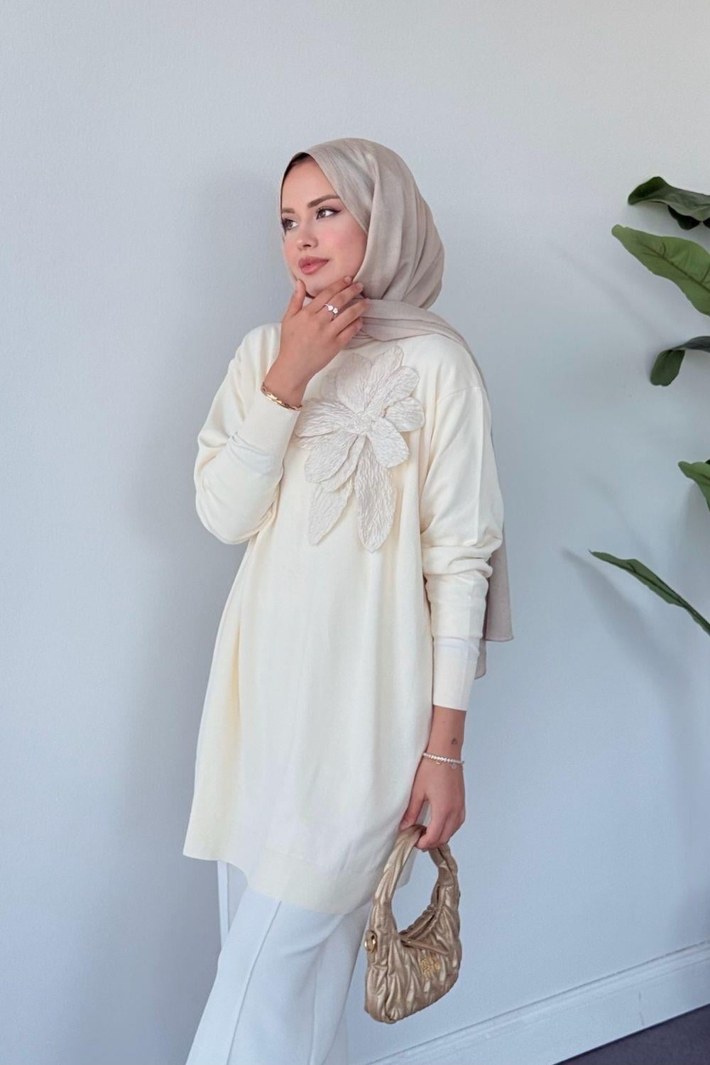 Merserize Çiçekli Tunik Krem 2550 