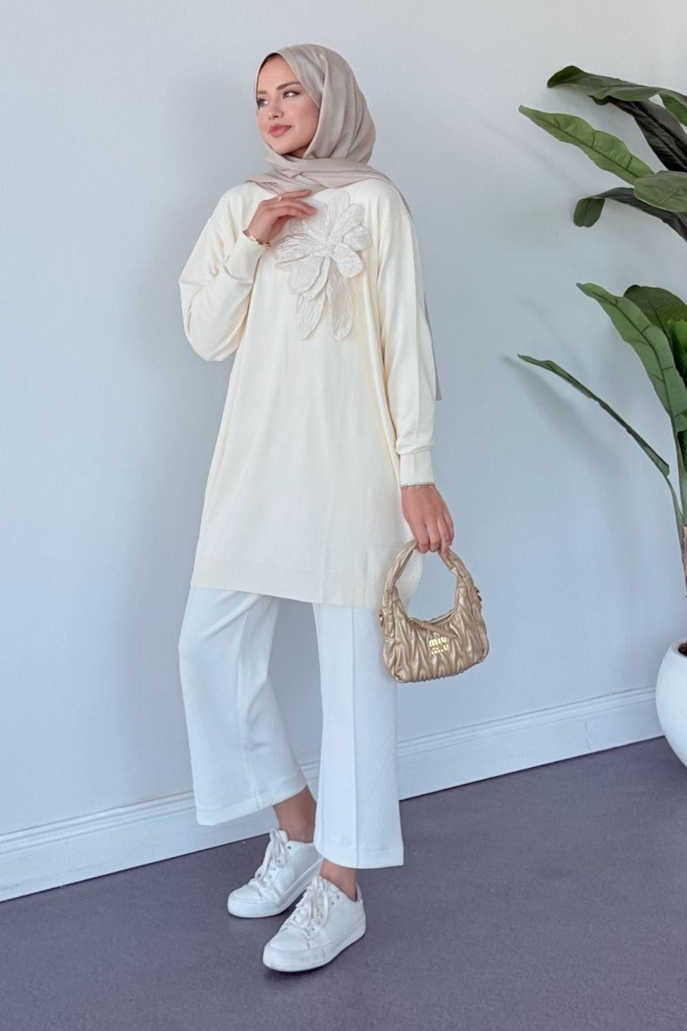 Merserize Çiçekli Tunik Krem 2550 