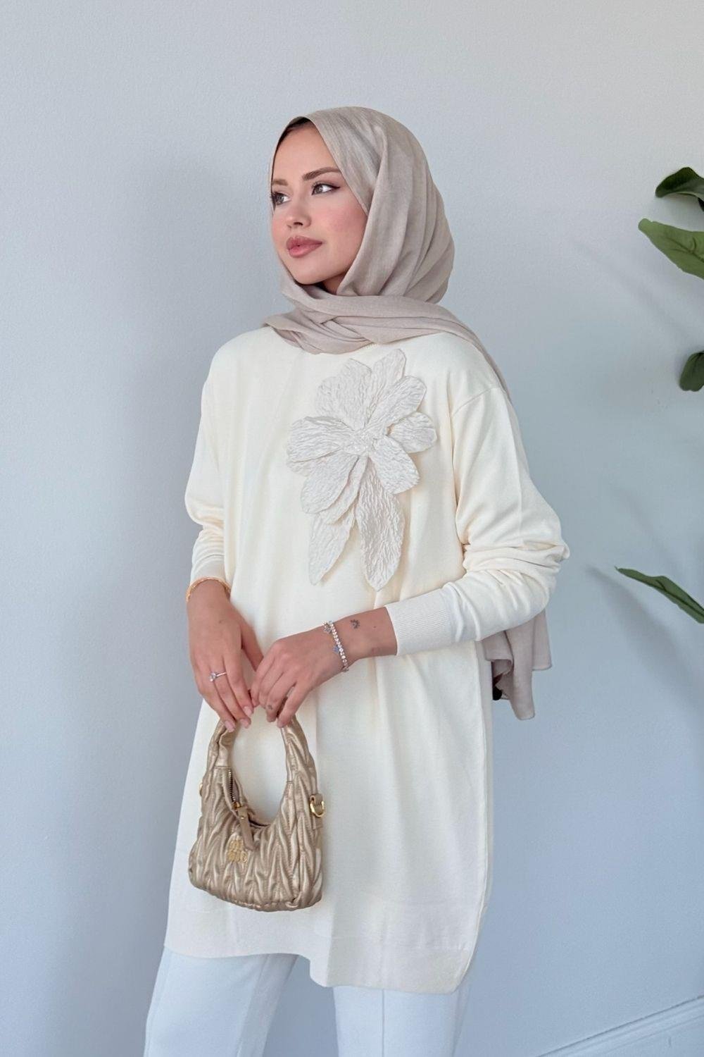 Merserize Çiçekli Tunik Krem 2550 