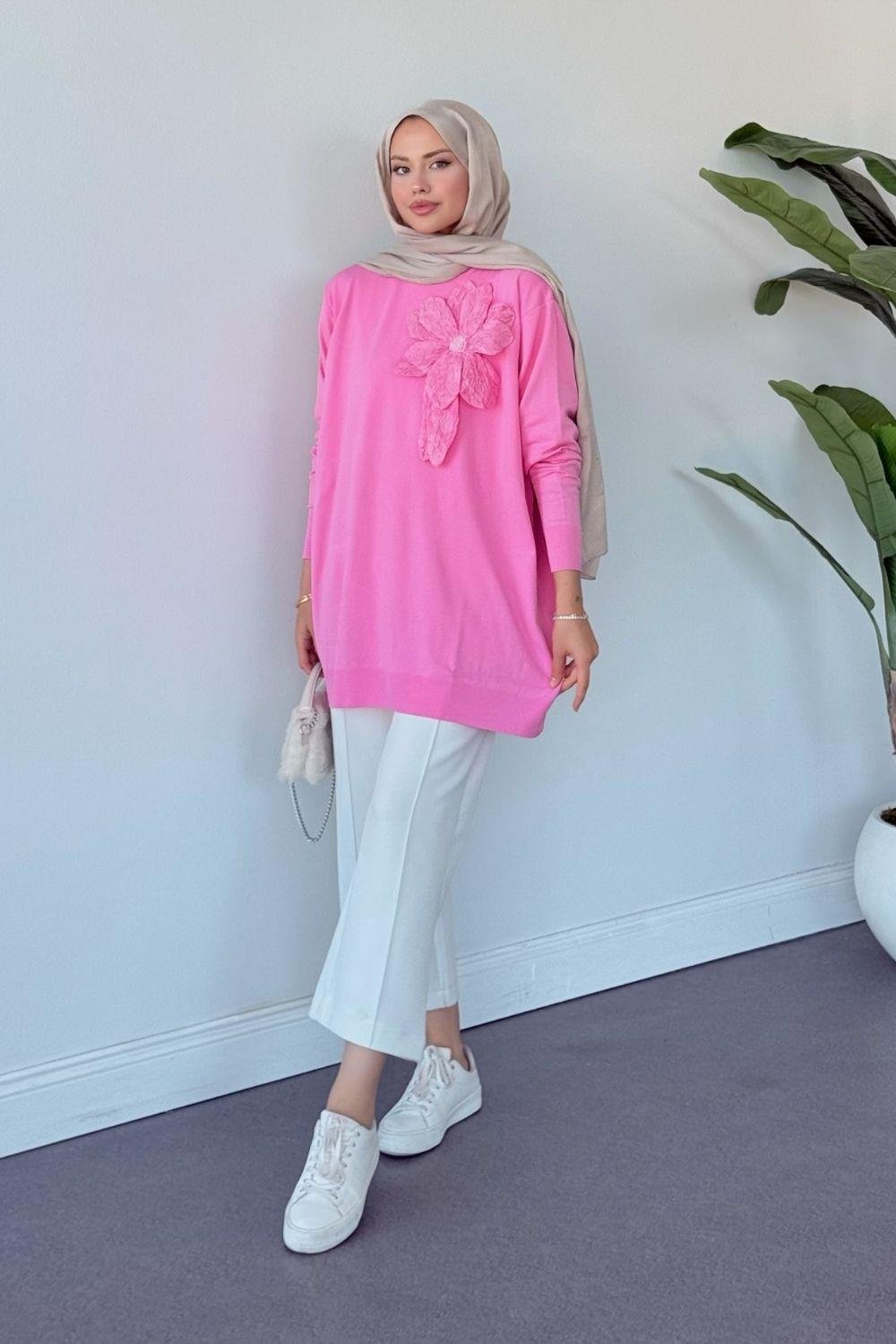 Merserize Çiçekli Tunik Pembe 2550 