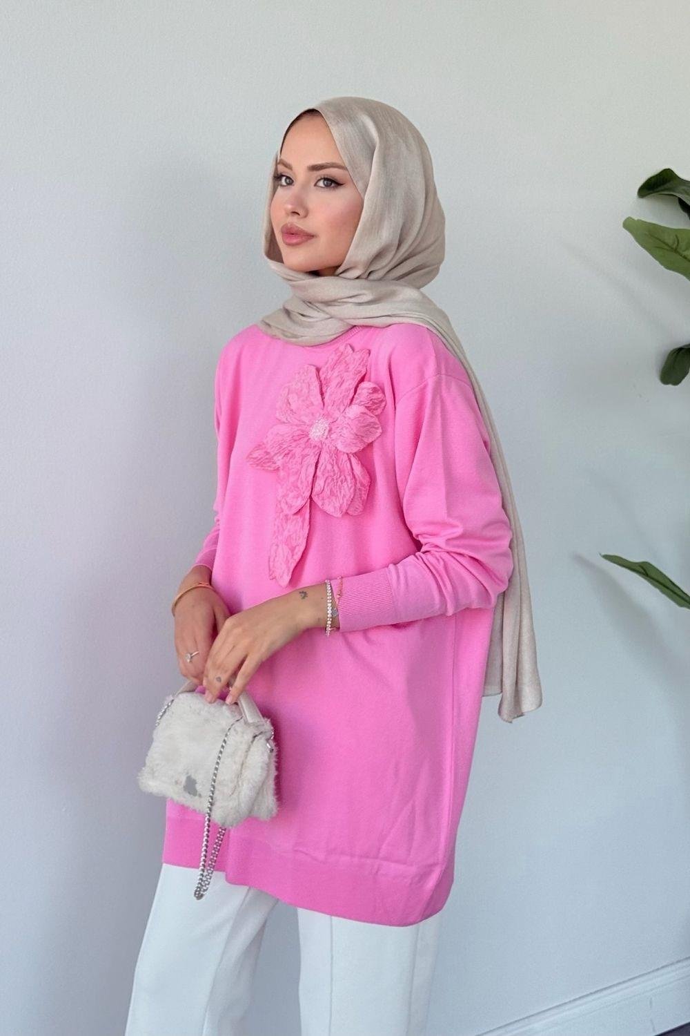 Merserize Çiçekli Tunik Pembe 2550 