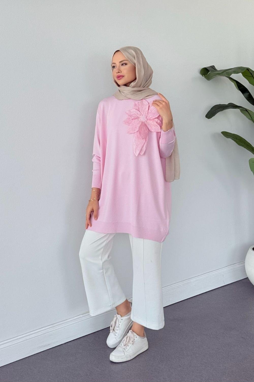 Merserize Çiçekli Tunik Pudra 2550 