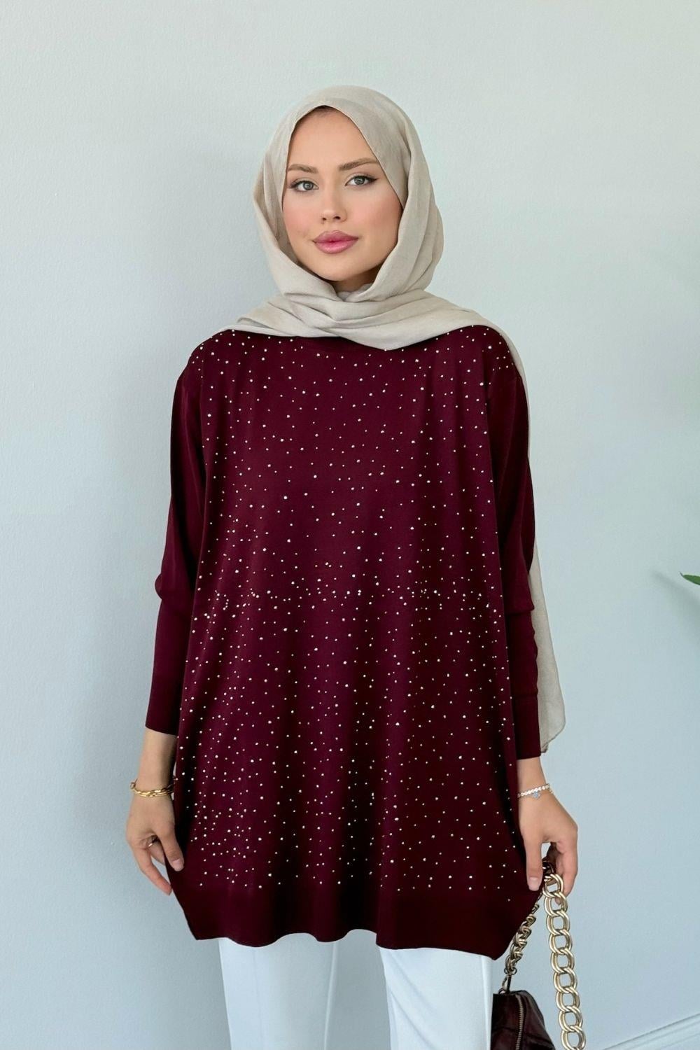 Merserize Taşlı Tunik Bordo 2570 