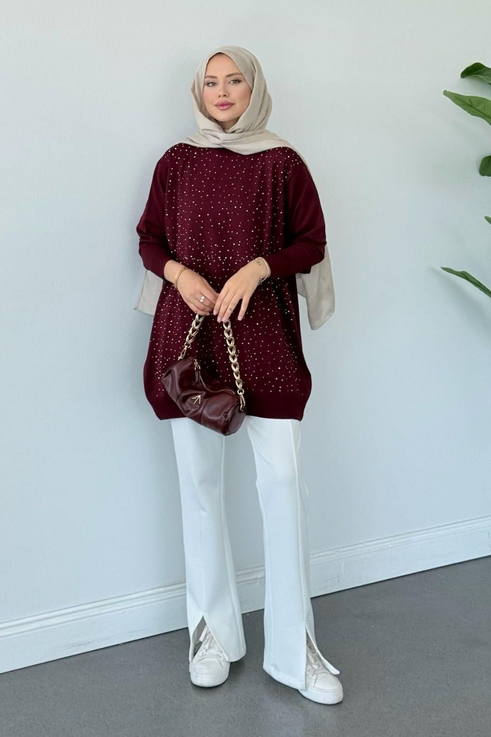 Merserize Taşlı Tunik Bordo 2570 