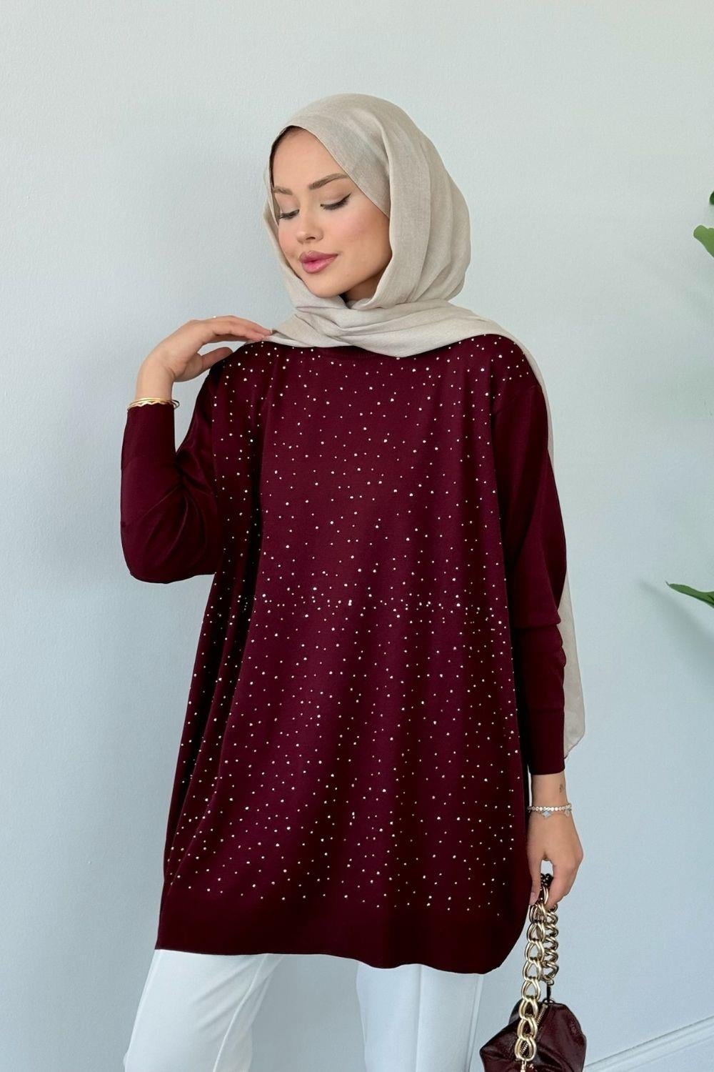 Merserize Taşlı Tunik Bordo 2570 