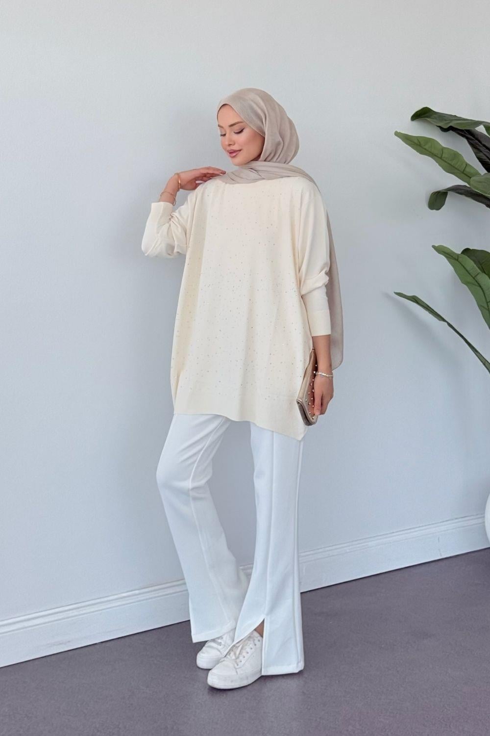 Merserize Taşlı Tunik Krem 2570 