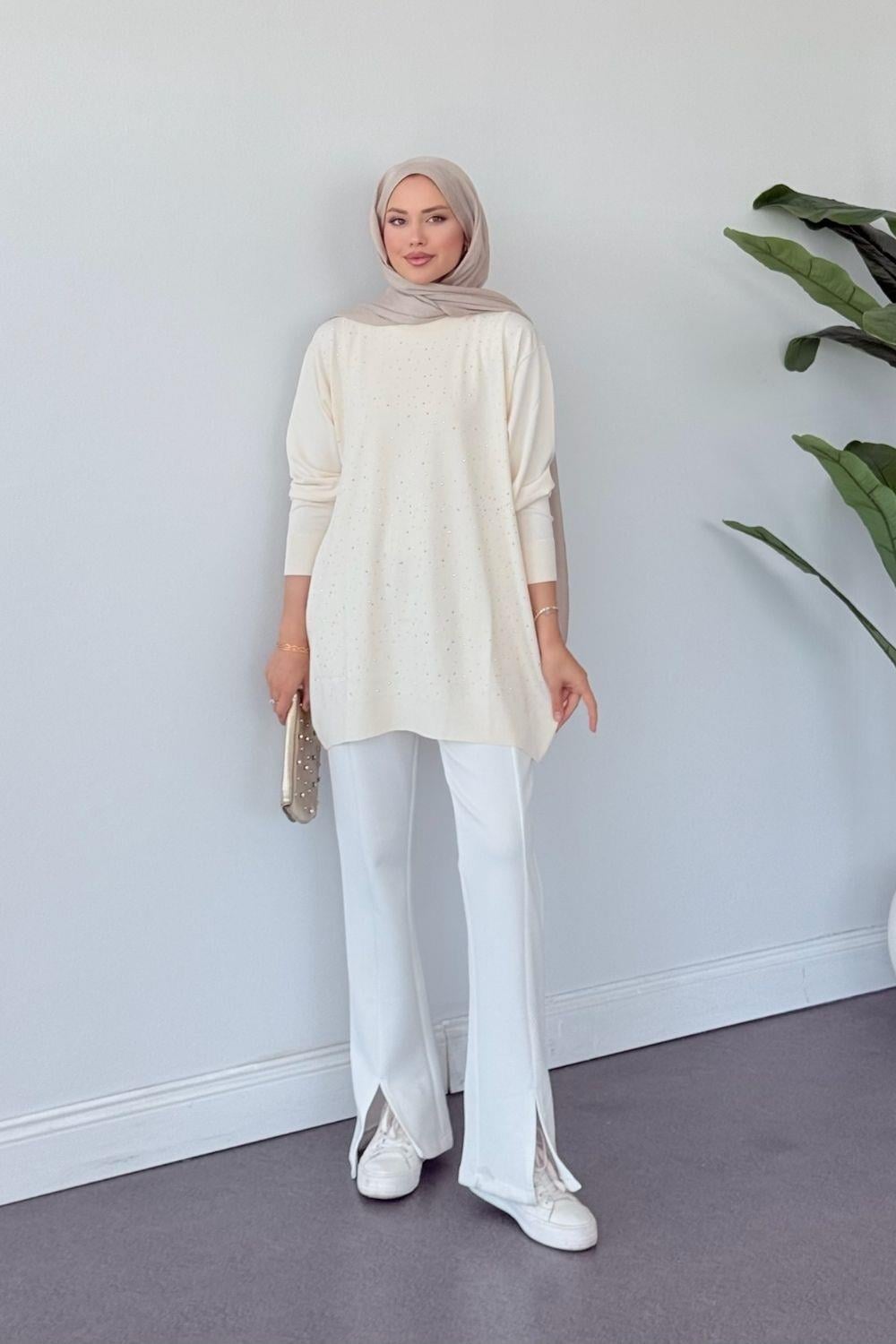 Merserize Taşlı Tunik Krem 2570 