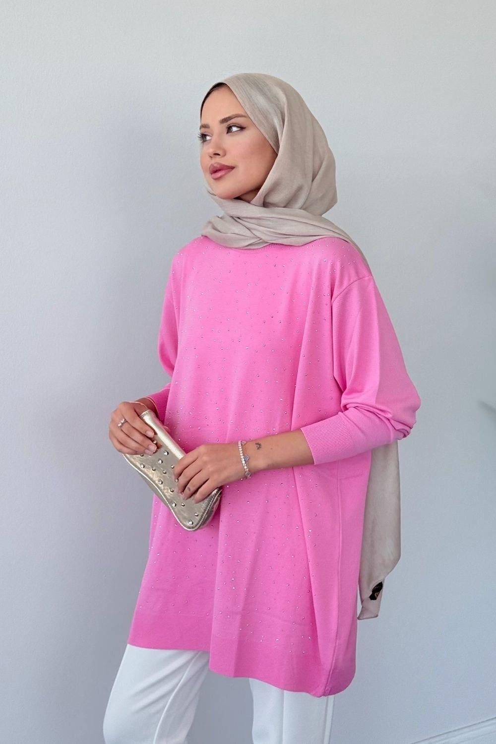 Merserize Taşlı Tunik Pembe 2570 