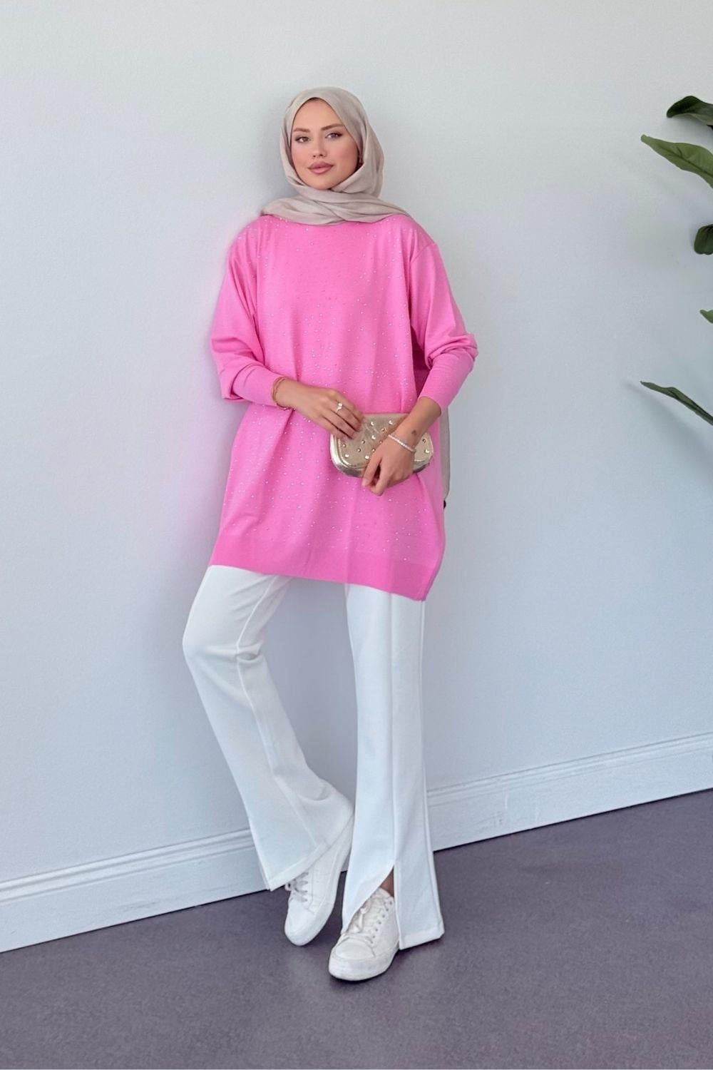 Merserize Taşlı Tunik Pembe 2570 