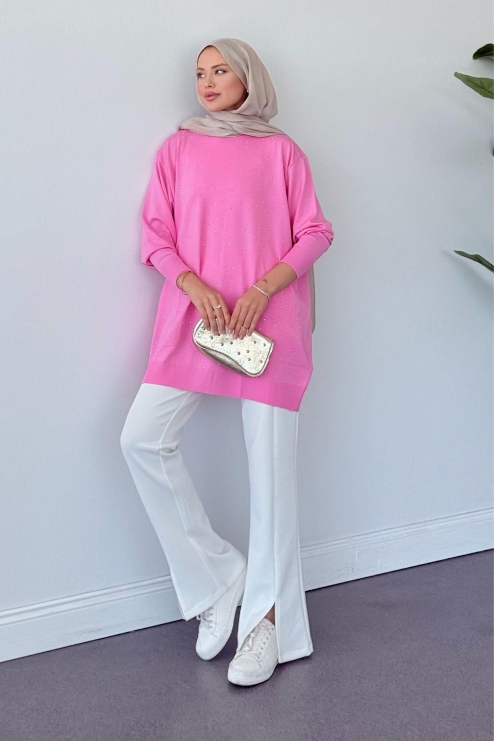 Merserize Taşlı Tunik Pembe 2570 