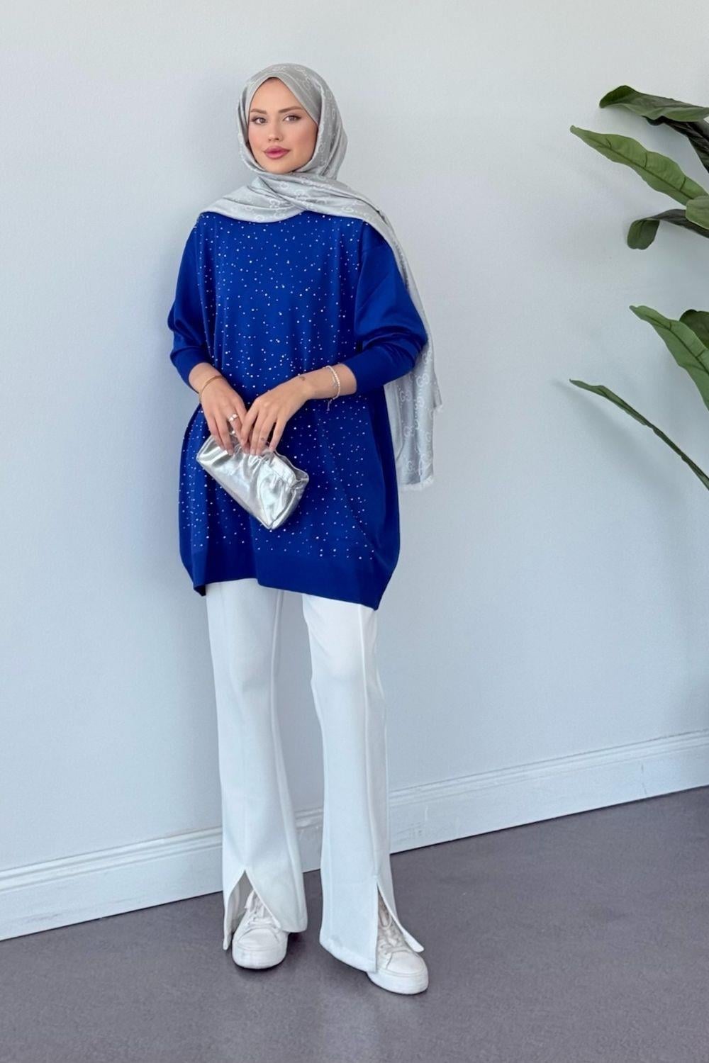 Merserize Taşlı Tunik Saks 2570 