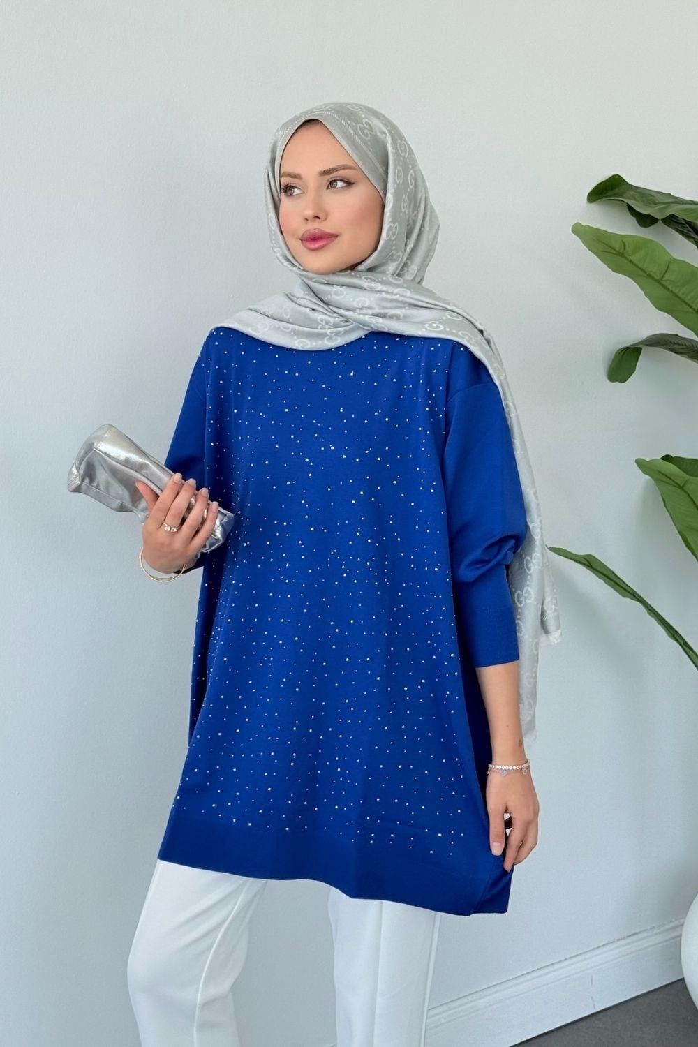 Merserize Taşlı Tunik Saks 2570 