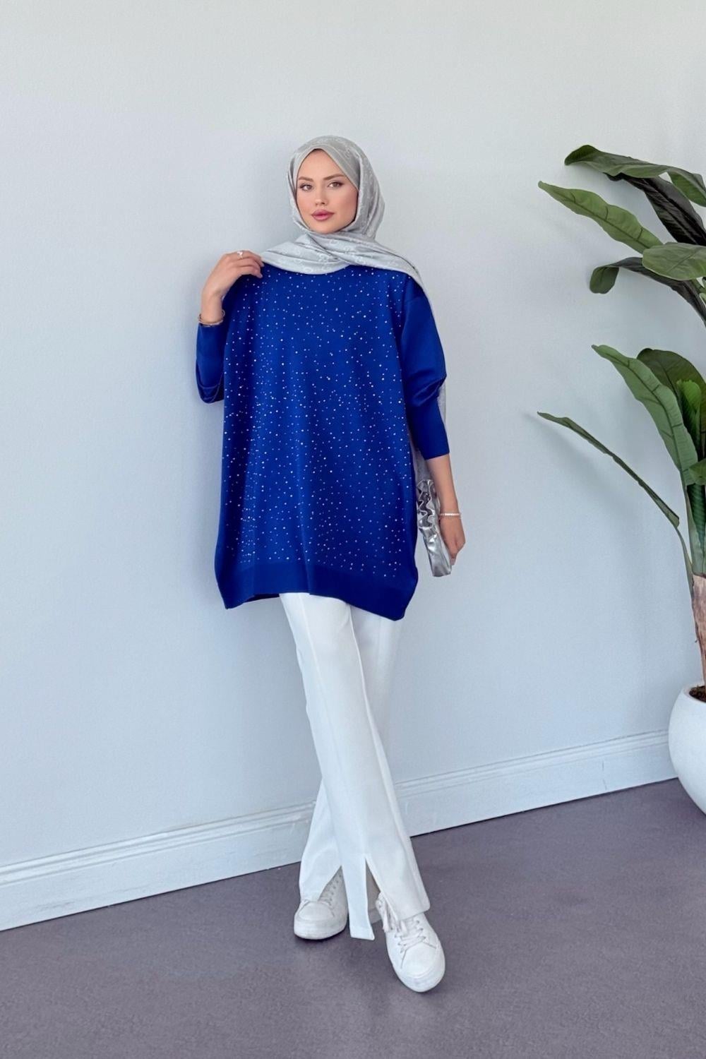 Merserize Taşlı Tunik Saks 2570 