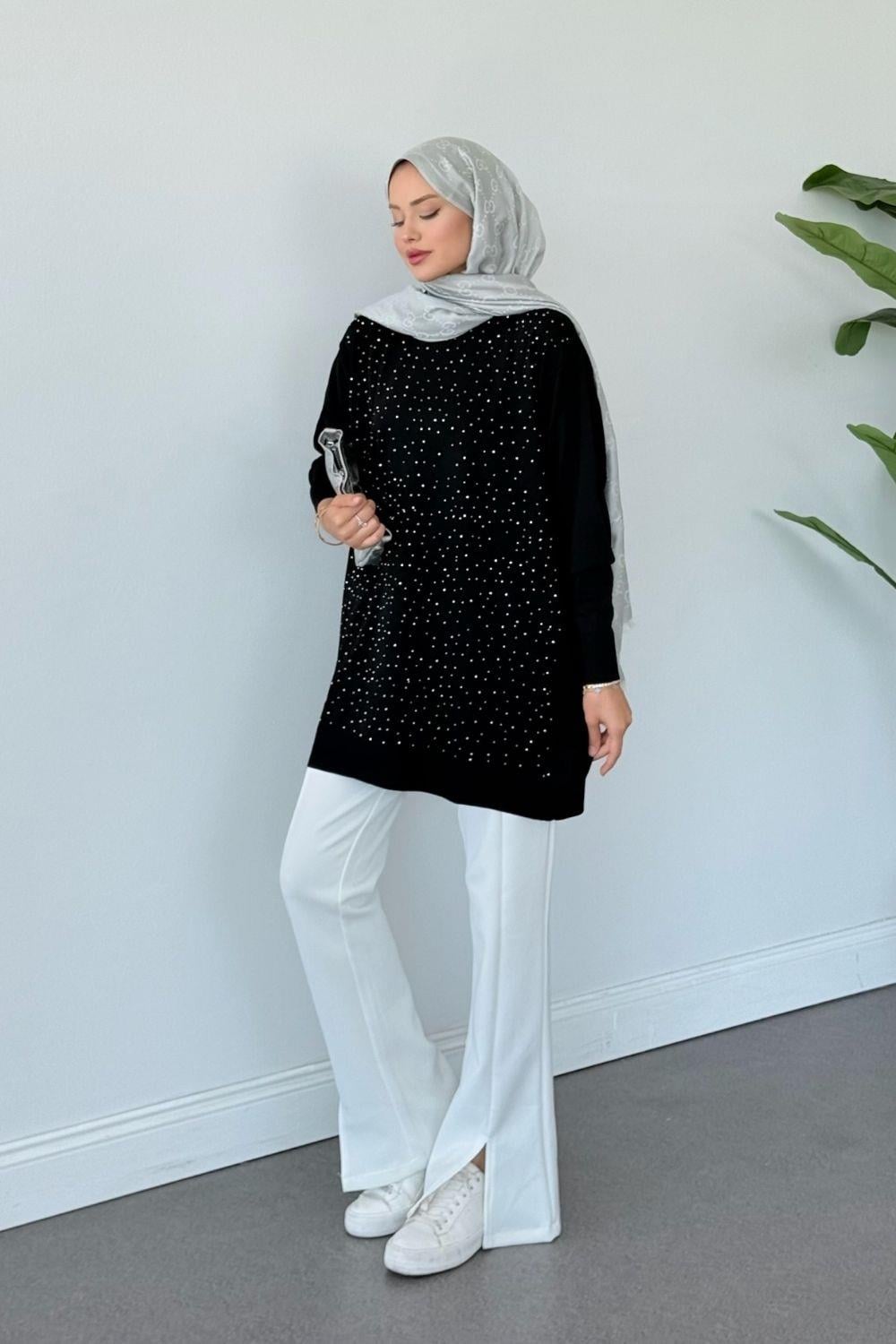 Merserize Taşlı Tunik Siyah 2570 