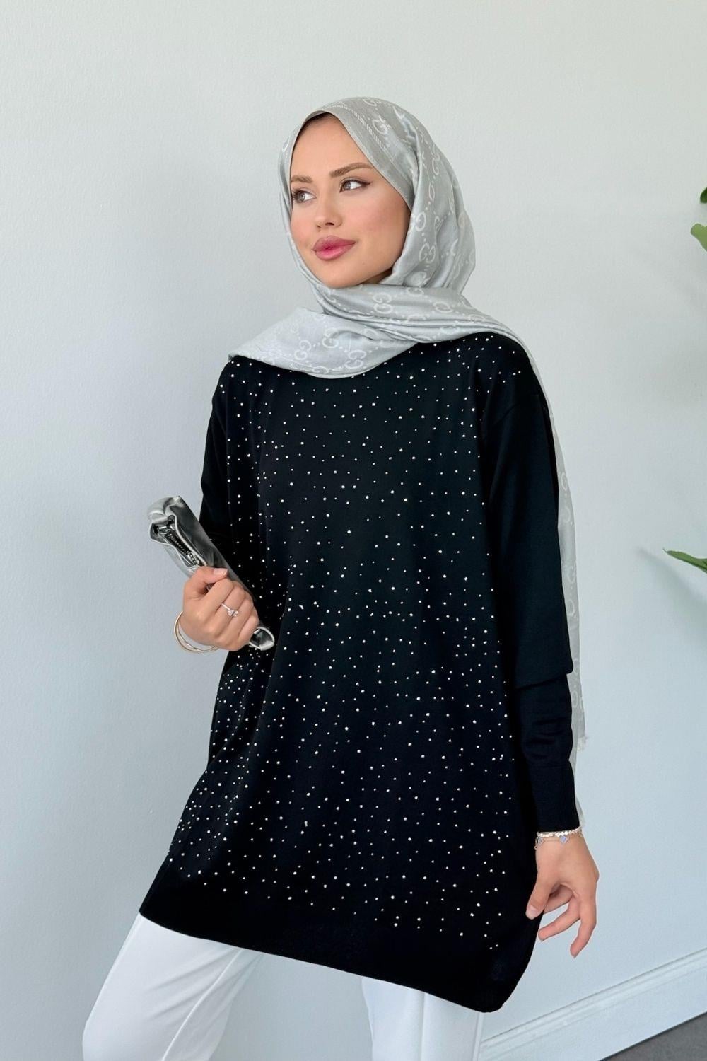 Merserize Taşlı Tunik Siyah 2570 