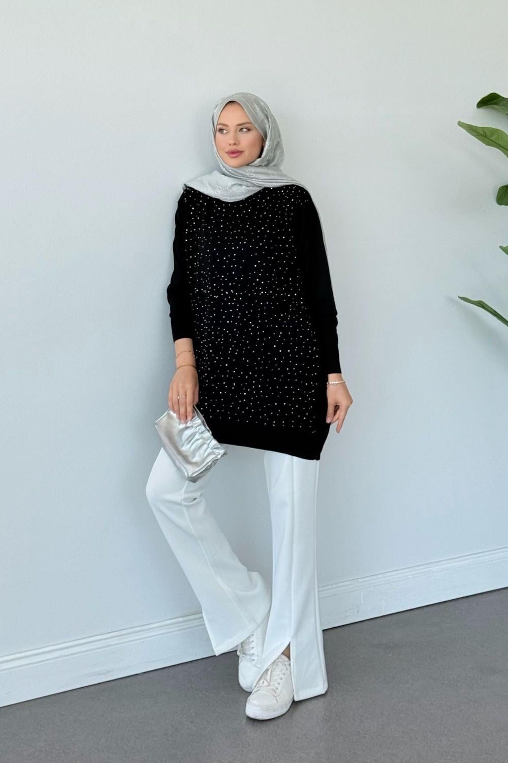 Merserize Taşlı Tunik Siyah 2570 