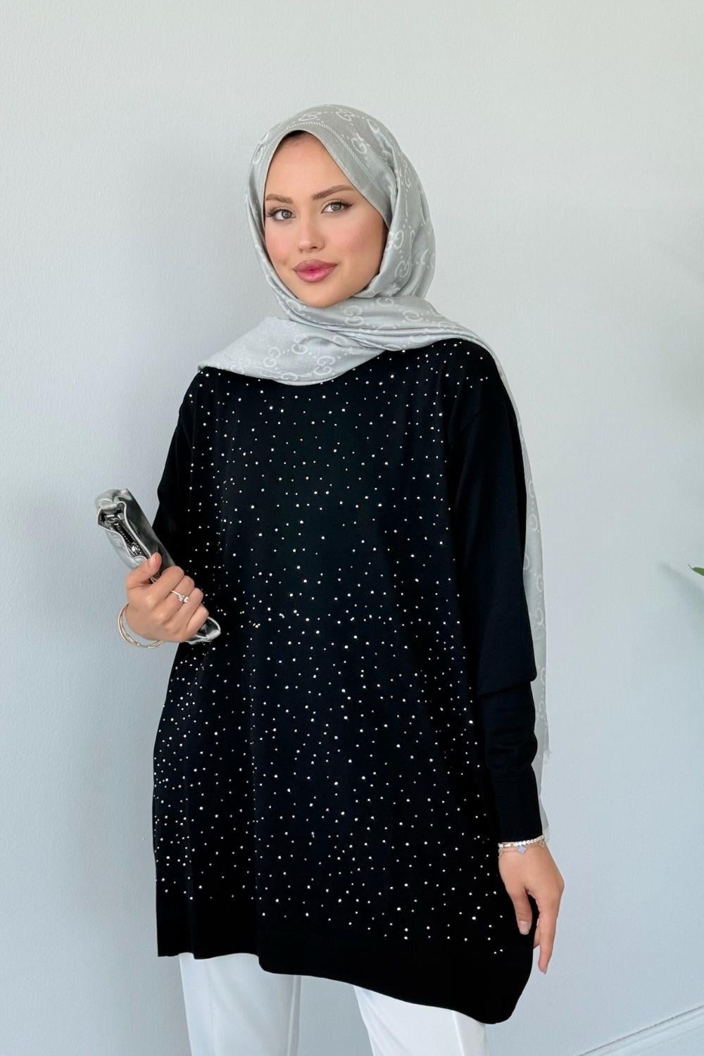 Merserize Taşlı Tunik Siyah 2570 