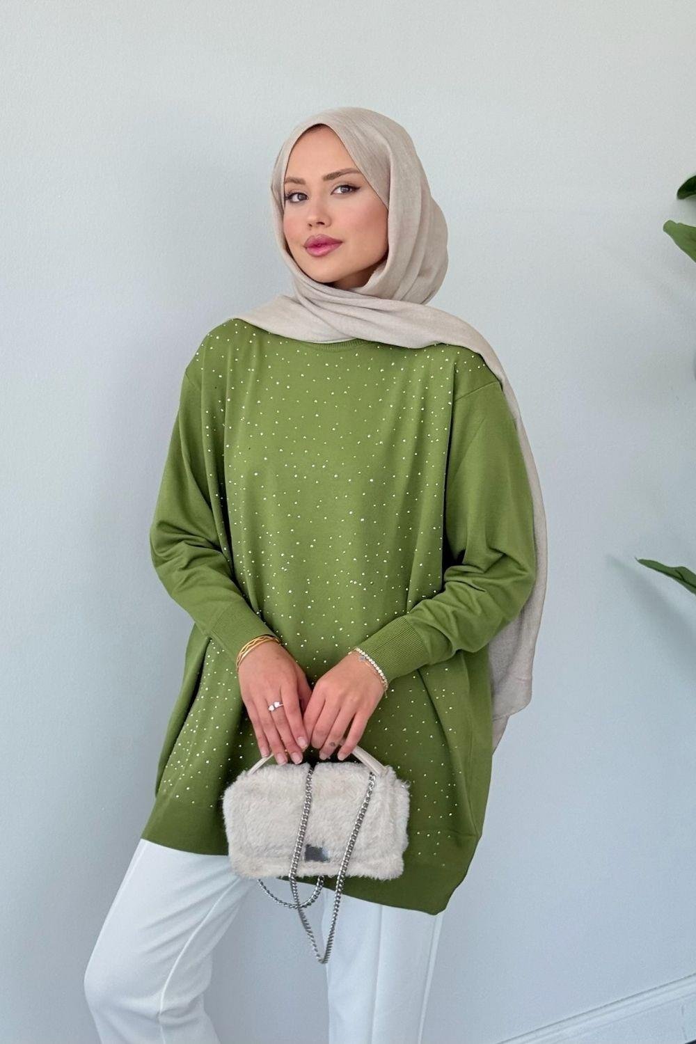 Merserize Taşlı Tunik Yeşil 2570 