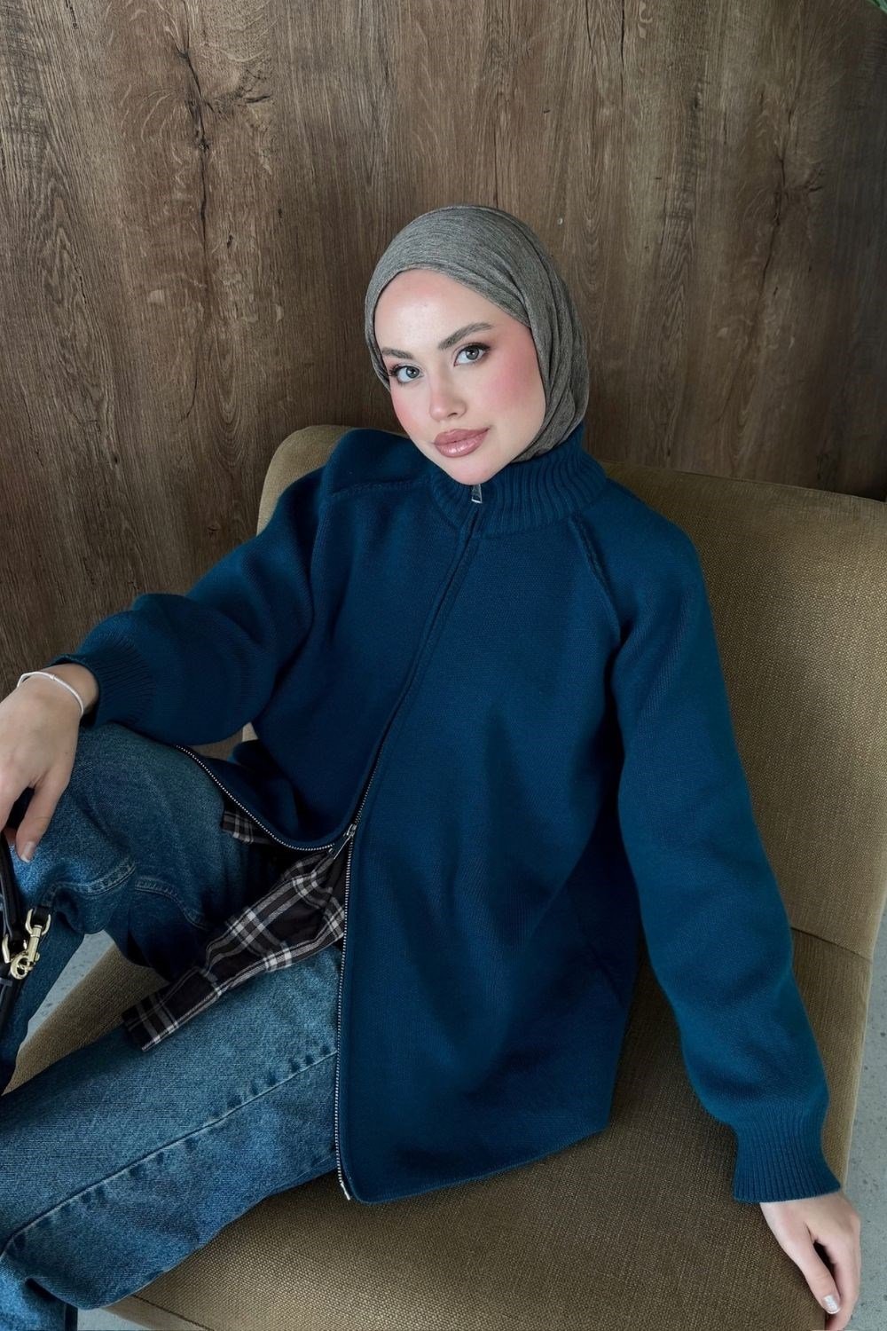 Rosie Fermuarlı Hırka Petrol Mavisi 25800 