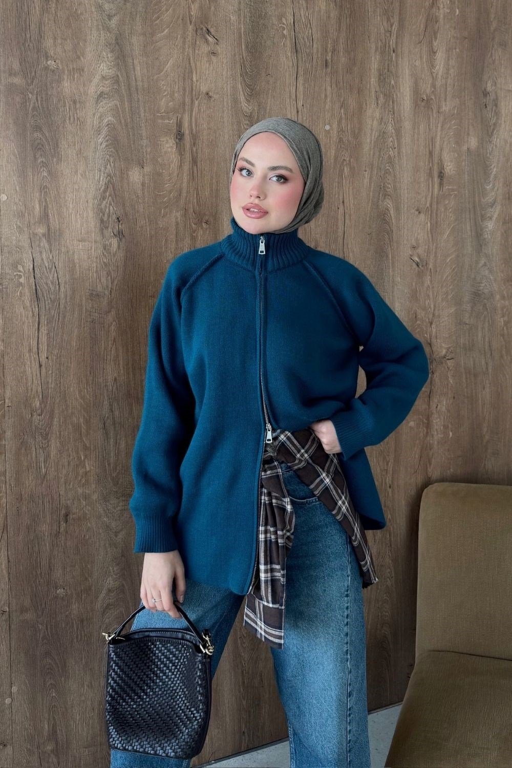 Rosie Fermuarlı Hırka Petrol Mavisi 25800 