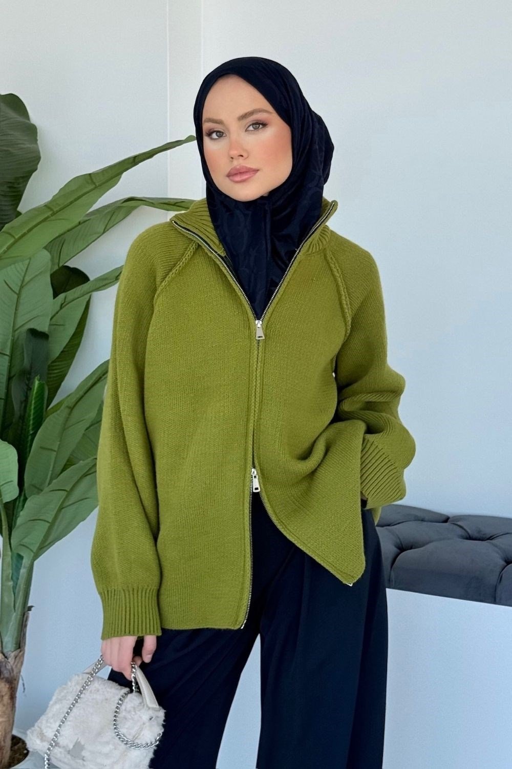 Rosie Fermuarlı Hırka Yağ Yeşili 25800 