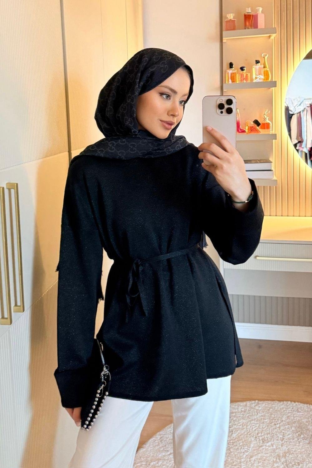 Zerda Kol Katlamalı Simli Salaş Tunik Siyah 25840 