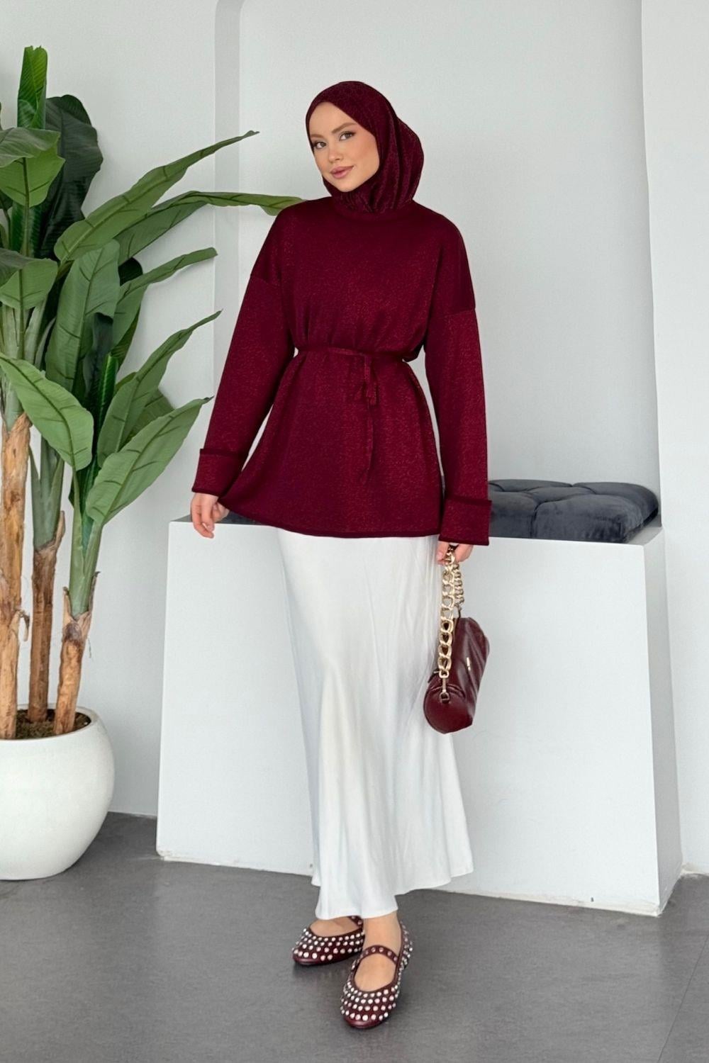 Zerda Kol Katlamalı Simli Salaş Tunik Bordo 25840 