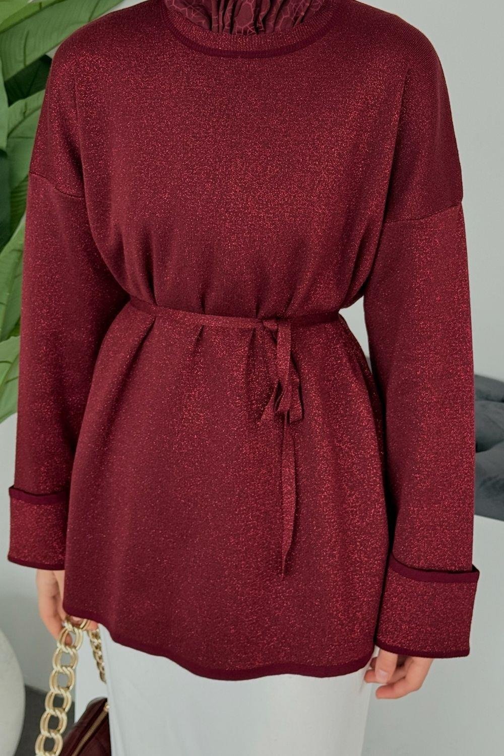 Zerda Kol Katlamalı Simli Salaş Tunik Bordo 25840 