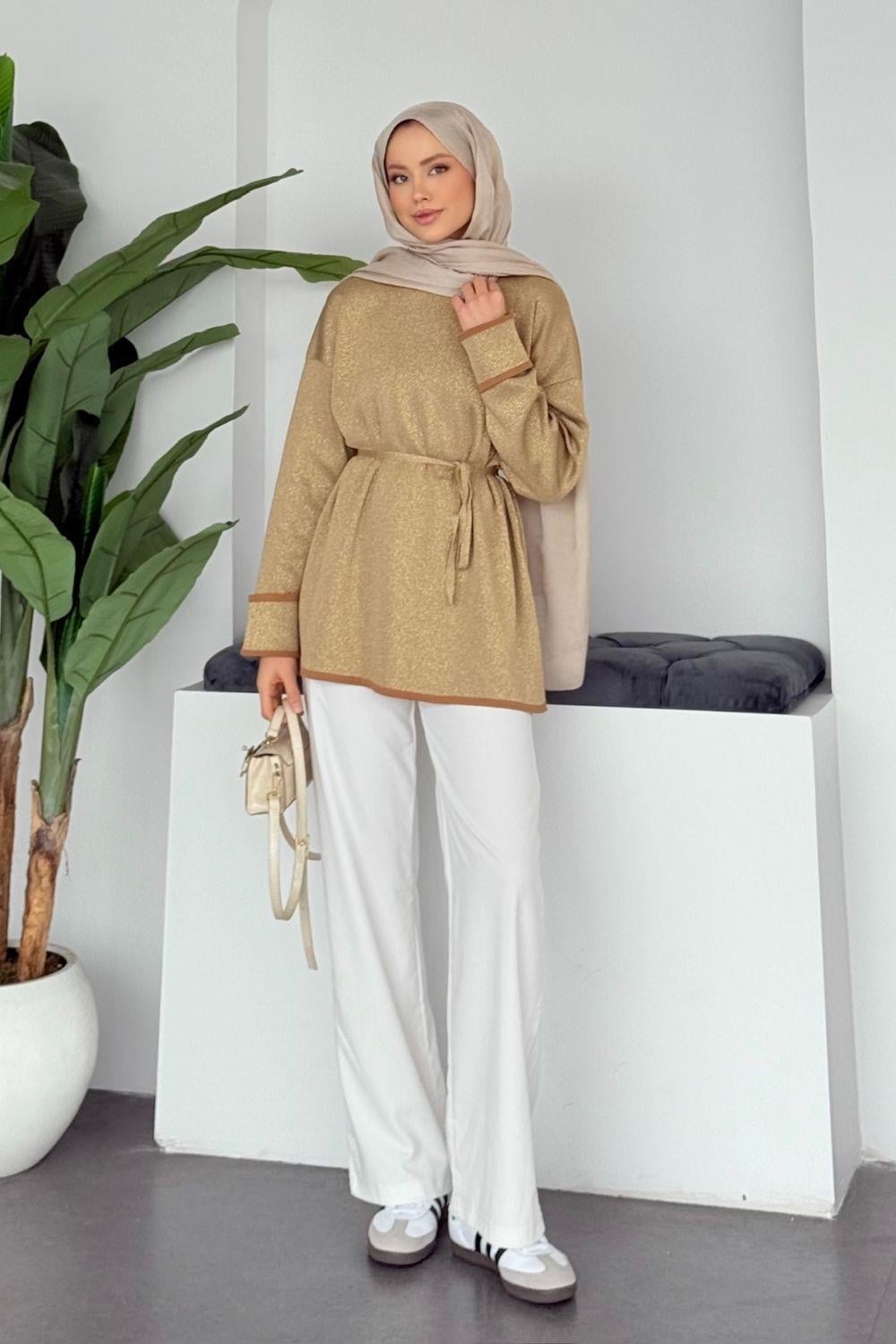 Zerda Kol Katlamalı Simli Salaş Tunik Camel 25840 
