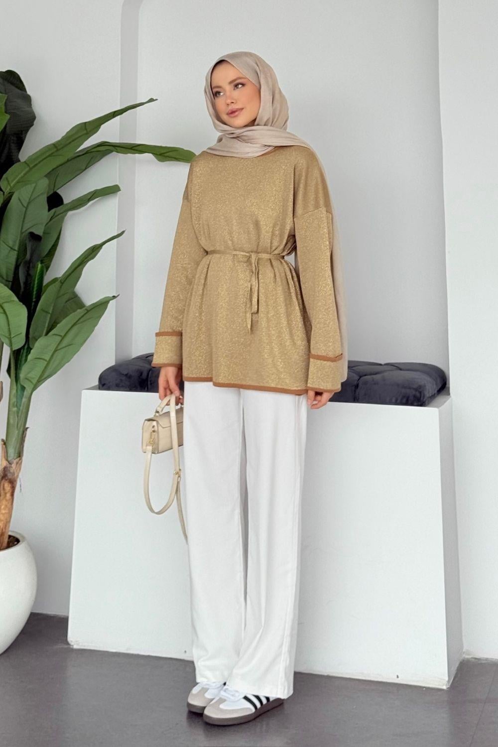 Zerda Kol Katlamalı Simli Salaş Tunik Camel 25840 