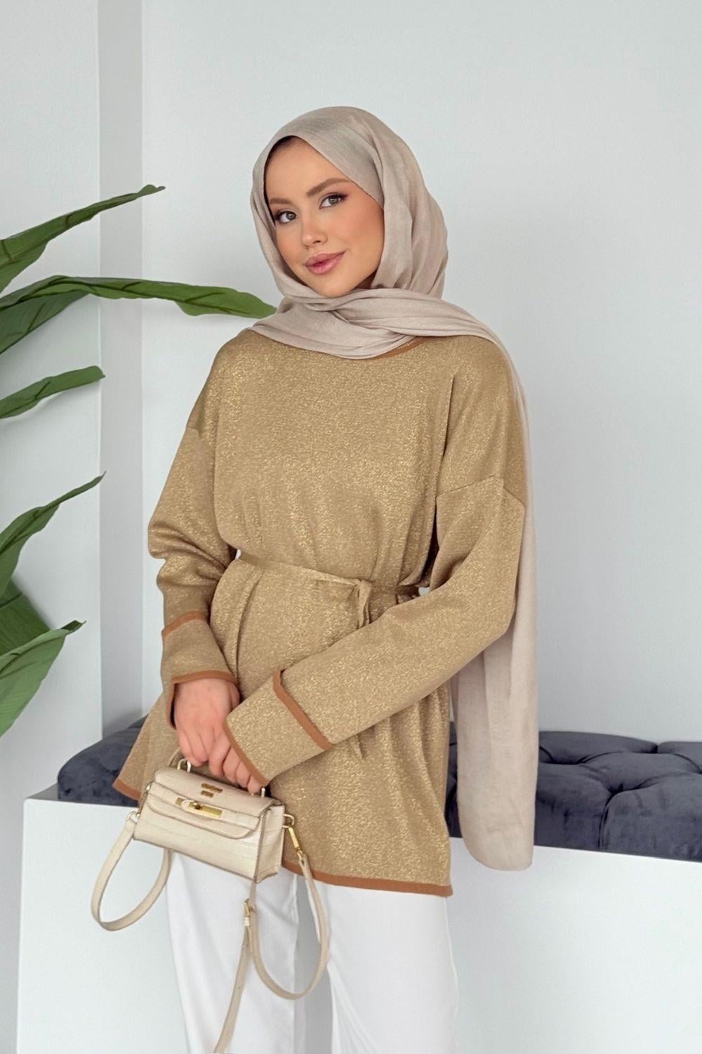 Zerda Kol Katlamalı Simli Salaş Tunik Camel 25840 