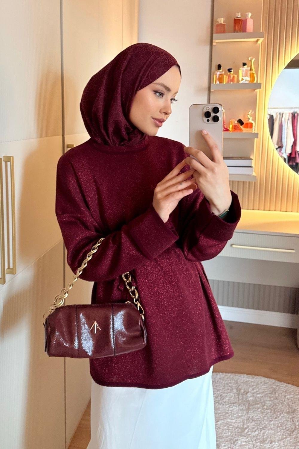 Zerda Kol Katlamalı Simli Salaş Tunik Bordo 25840 