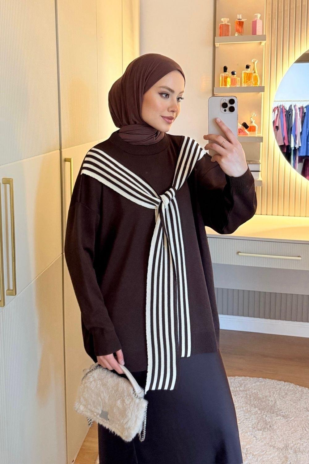 Atkı Detaylı Salaş Tunik Kahverengi 25850 