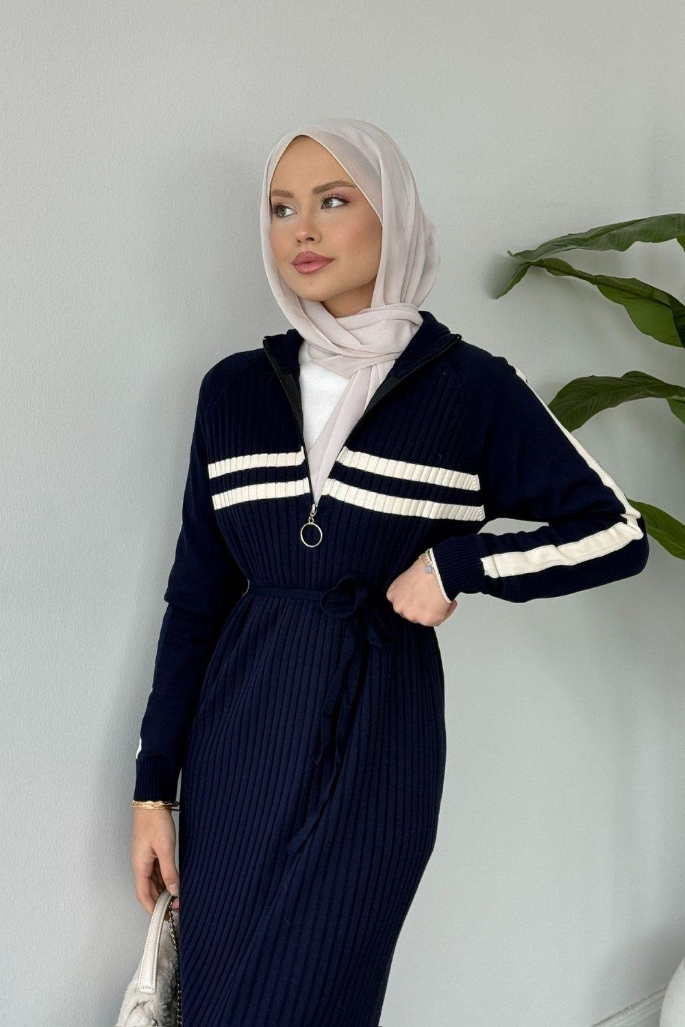 Çizgili Fitilli Fermuarlı Uzun Elbise Lacivert 2590 