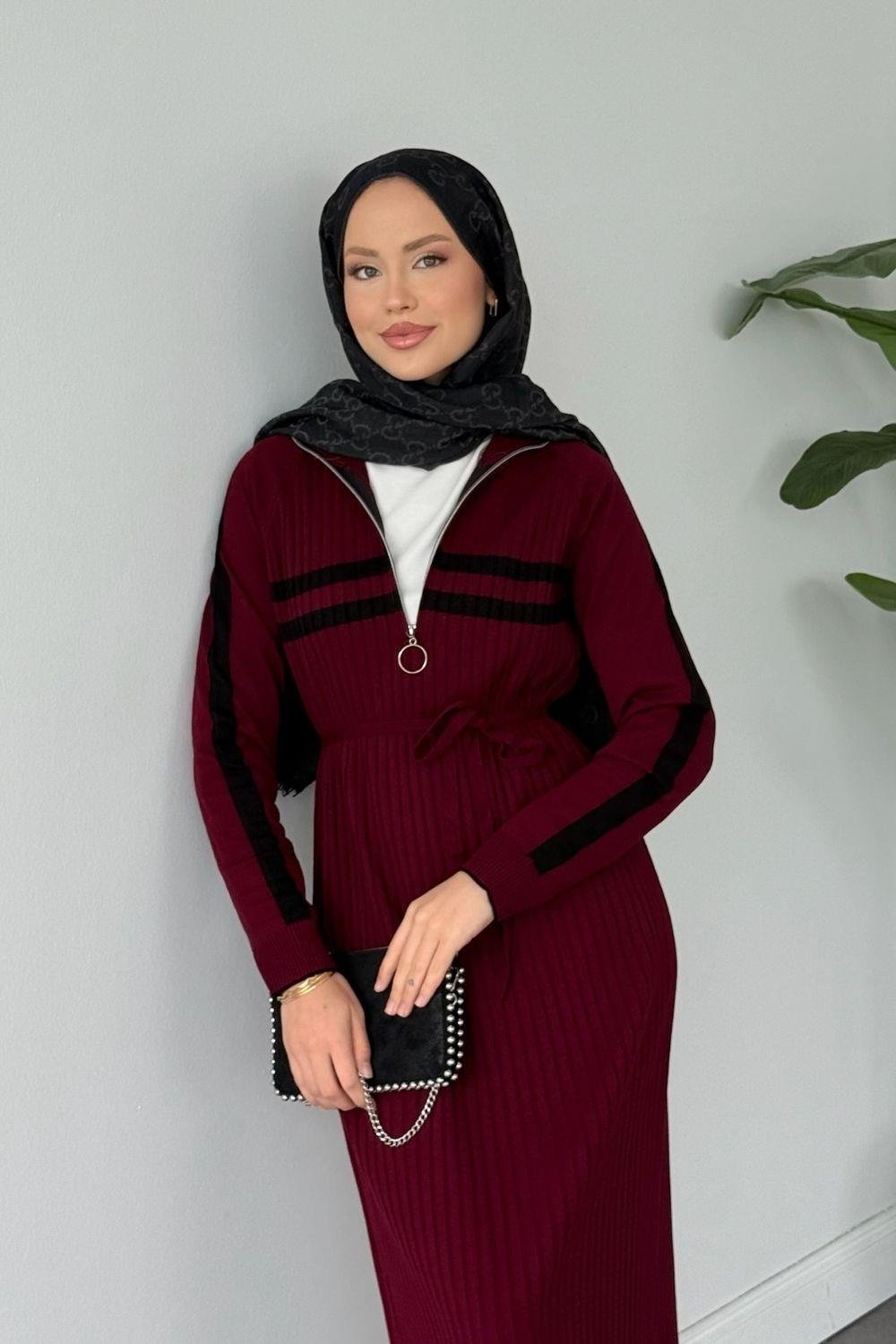 Çizgili Fitilli Fermuarlı Uzun Elbise Bordo 2590 