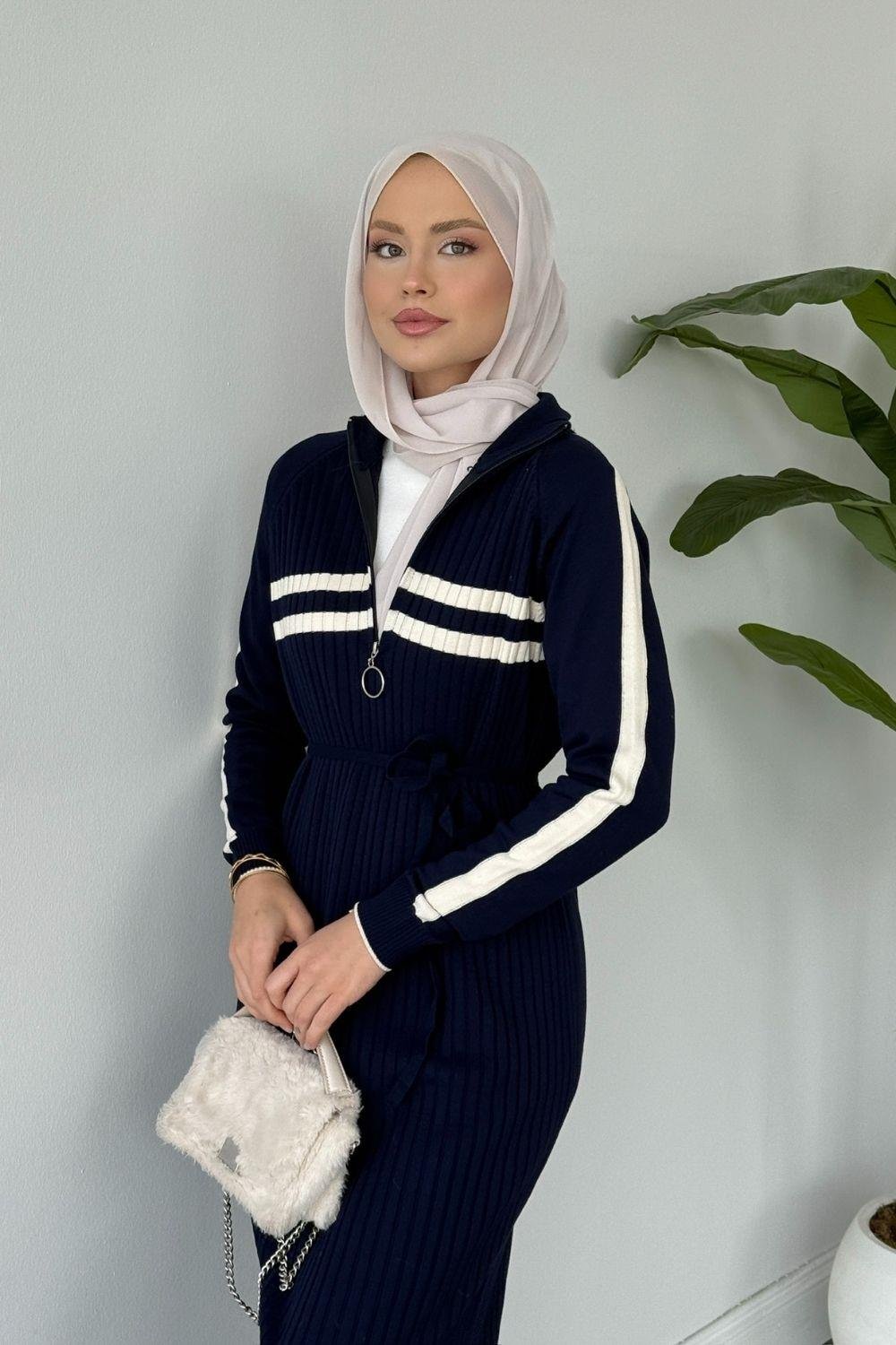 Çizgili Fitilli Fermuarlı Uzun Elbise Lacivert 2590 