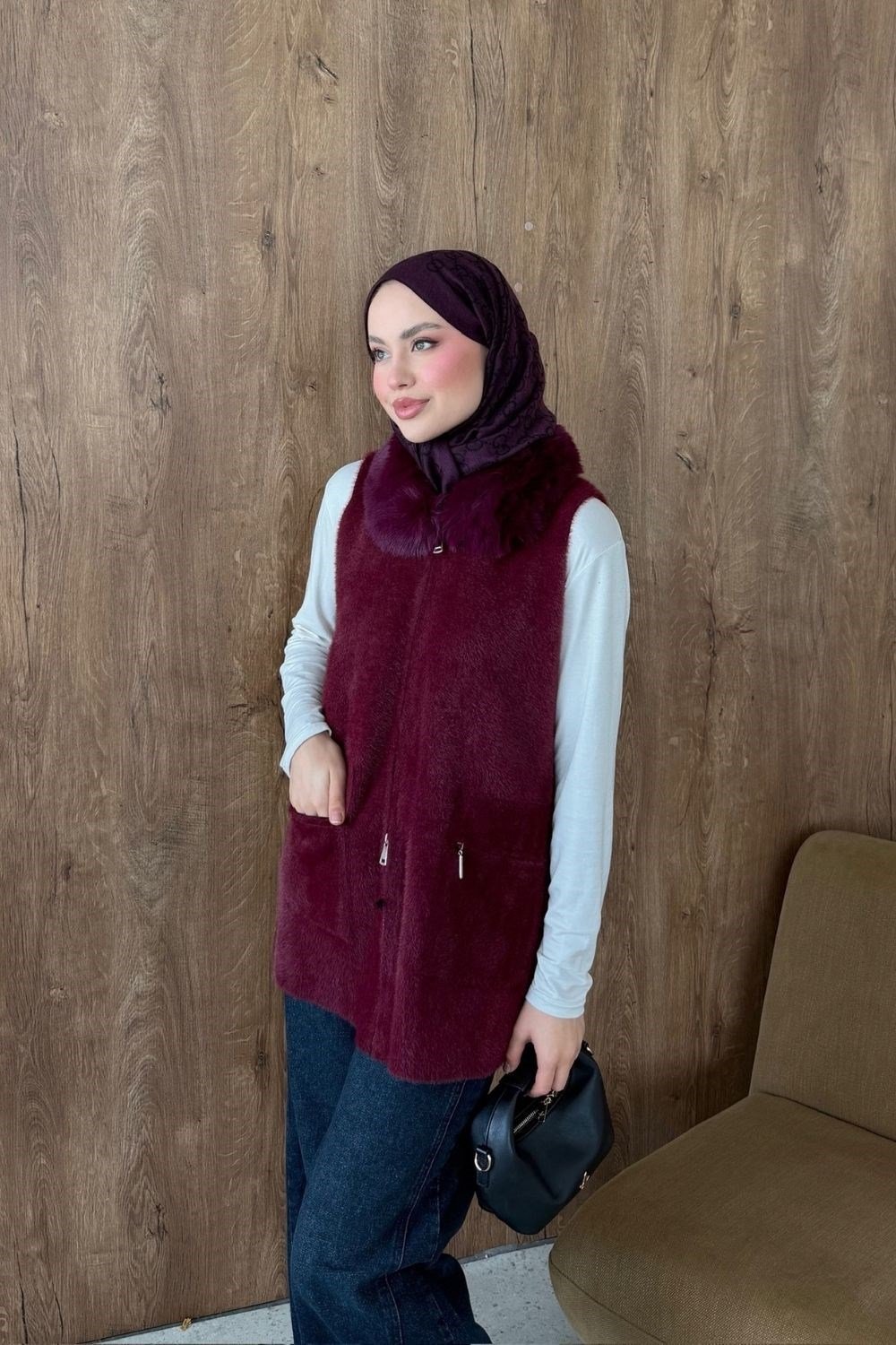 Leila Kürk Yaka Yelek Bordo 26100 