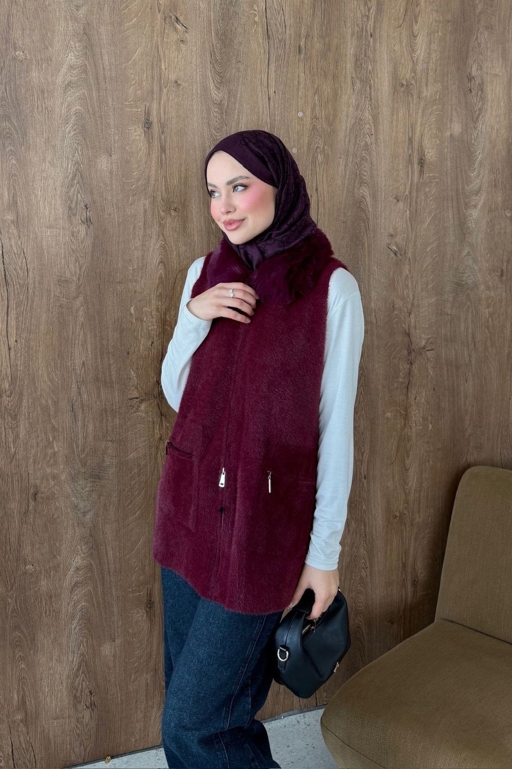 Leila Kürk Yaka Yelek Bordo 26100 