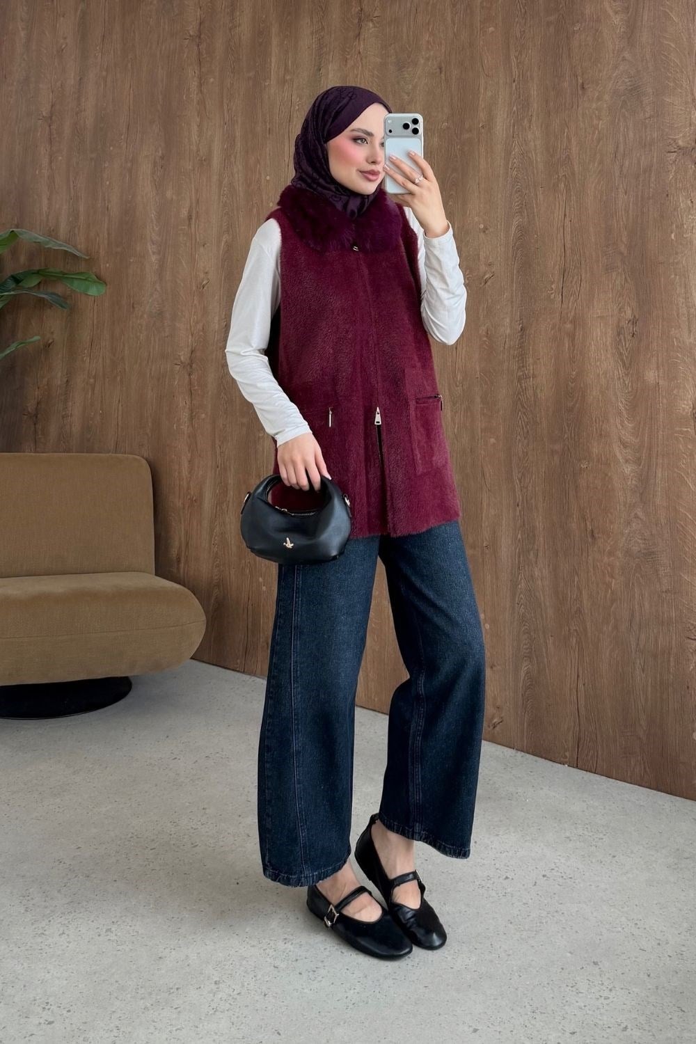 Leila Kürk Yaka Yelek Bordo 26100 