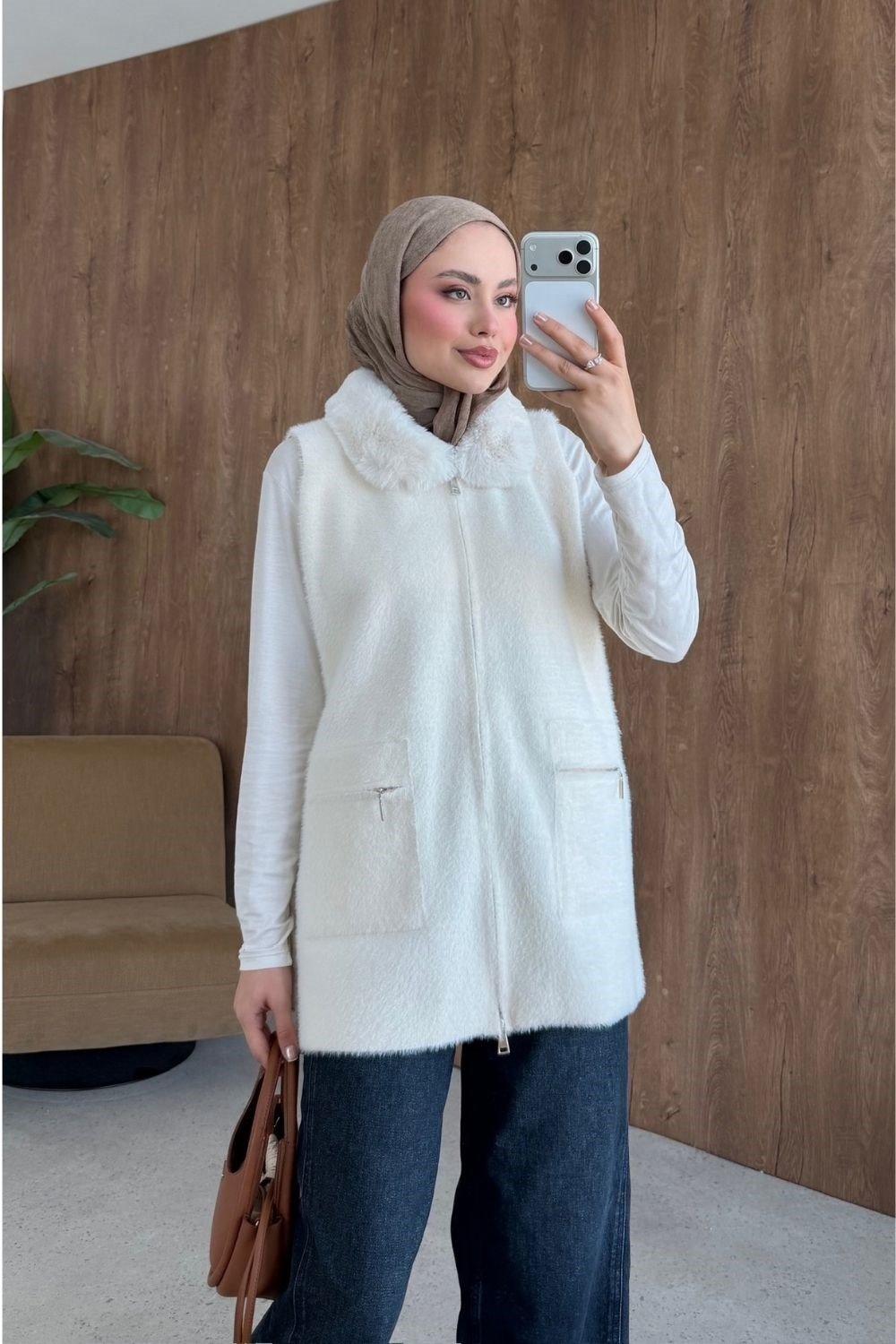 Leila Kürk Yaka Yelek Ekru 26100 