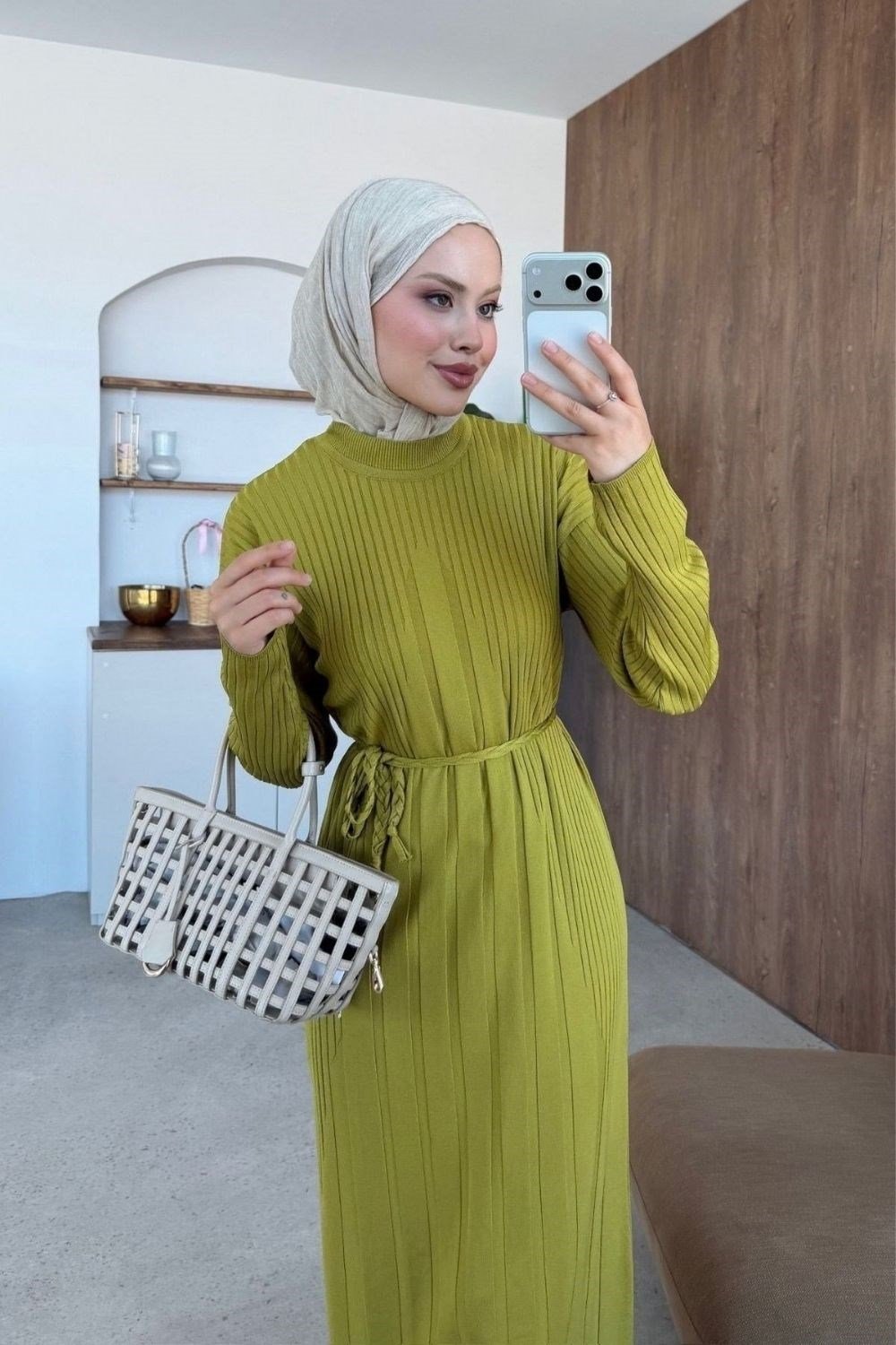 Kayra Çizgili  Merserize Elbise Yağ Yeşili 26120 