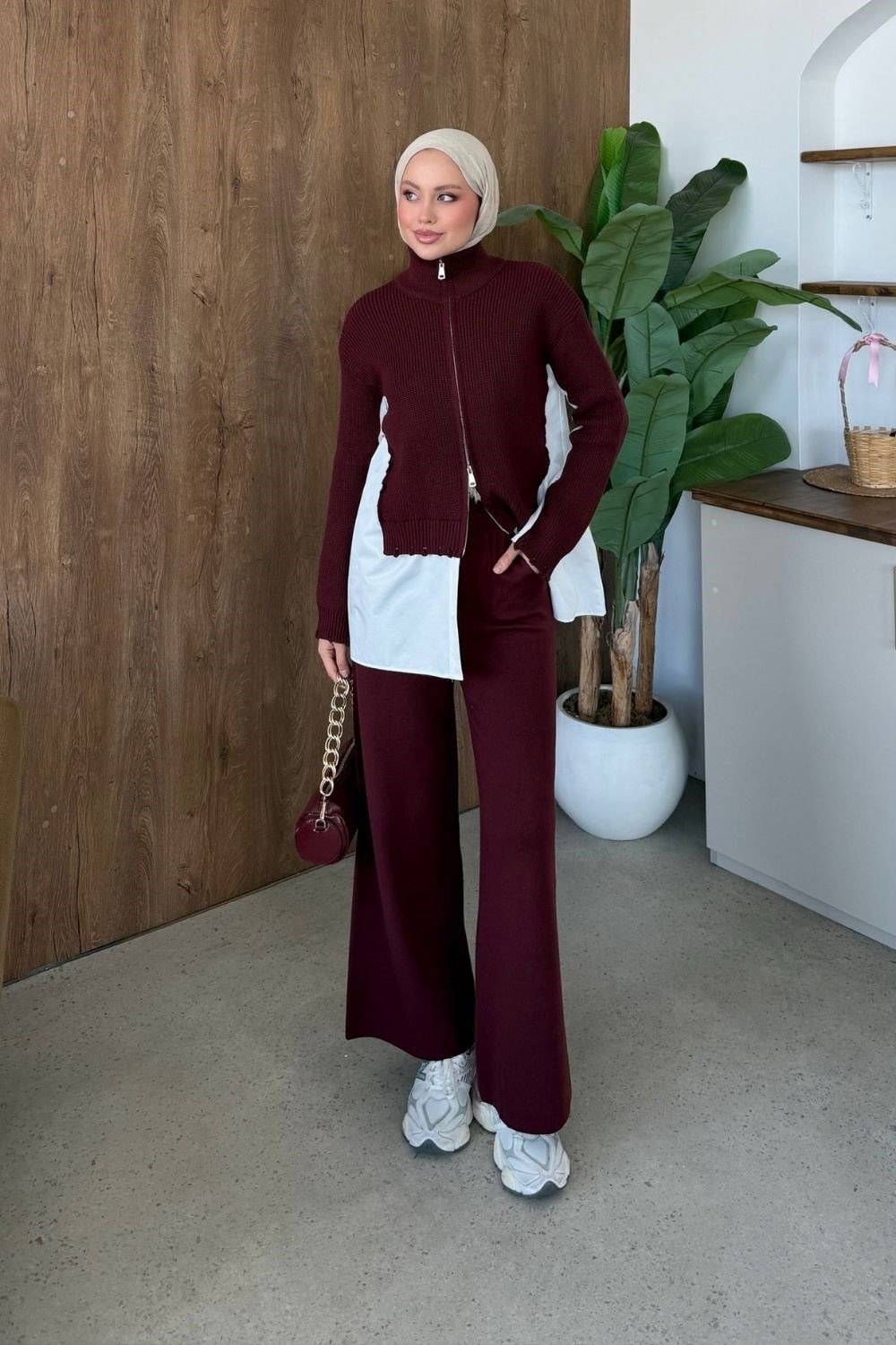 Frida Gömlek Detay Lüks Takım Bordo 26170 