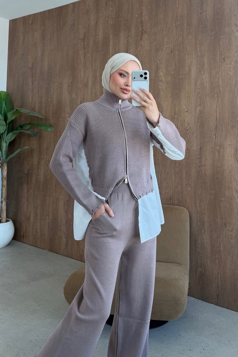 Frida Gömlek Detay Lüks Takım Vizon 26170 