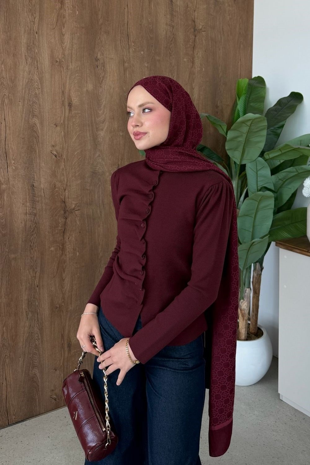 Turkuaz Büzgü Düğmeli Hırka Bordo 26236 