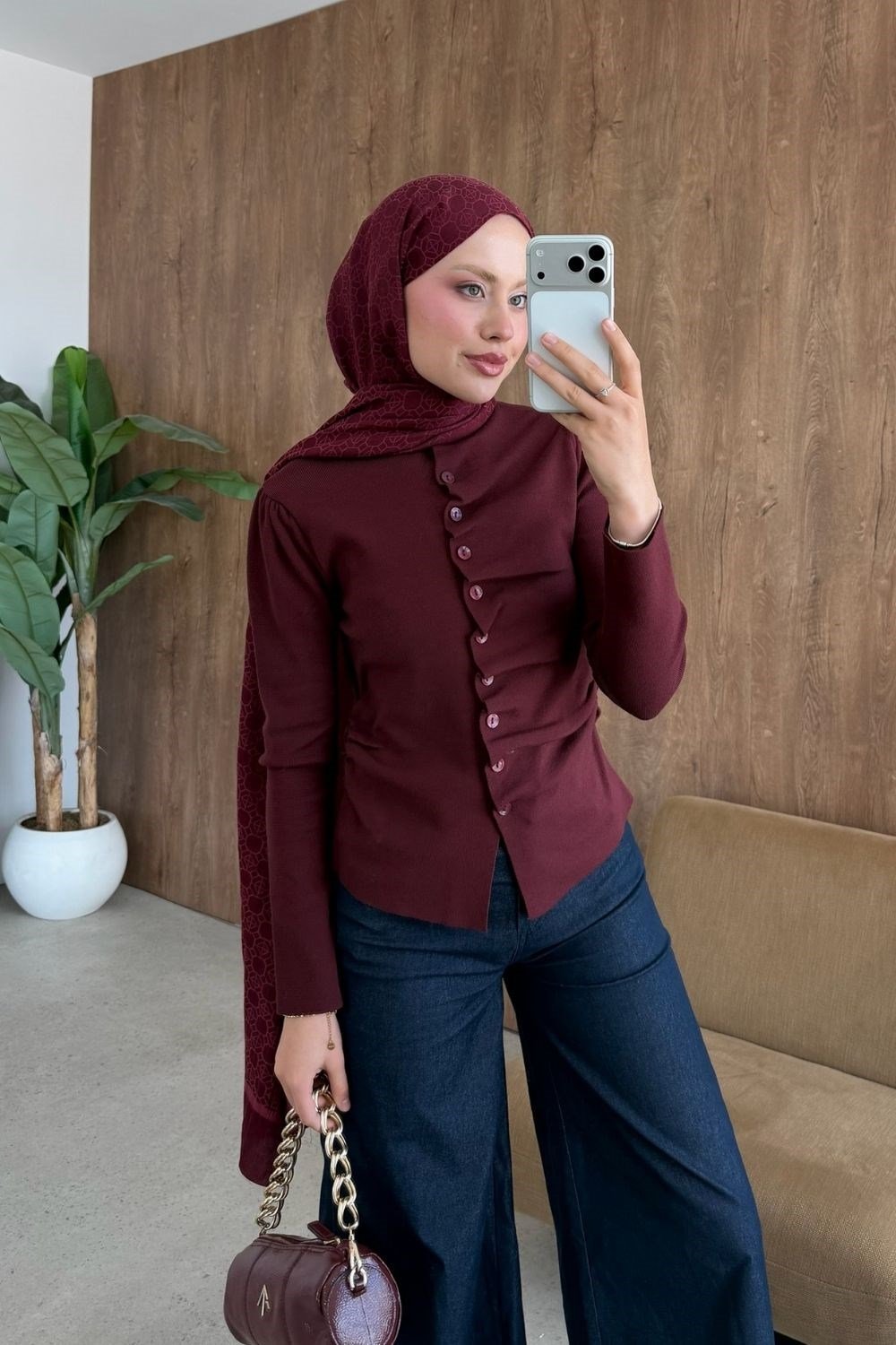 Turkuaz Büzgü Düğmeli Hırka Bordo 26236 