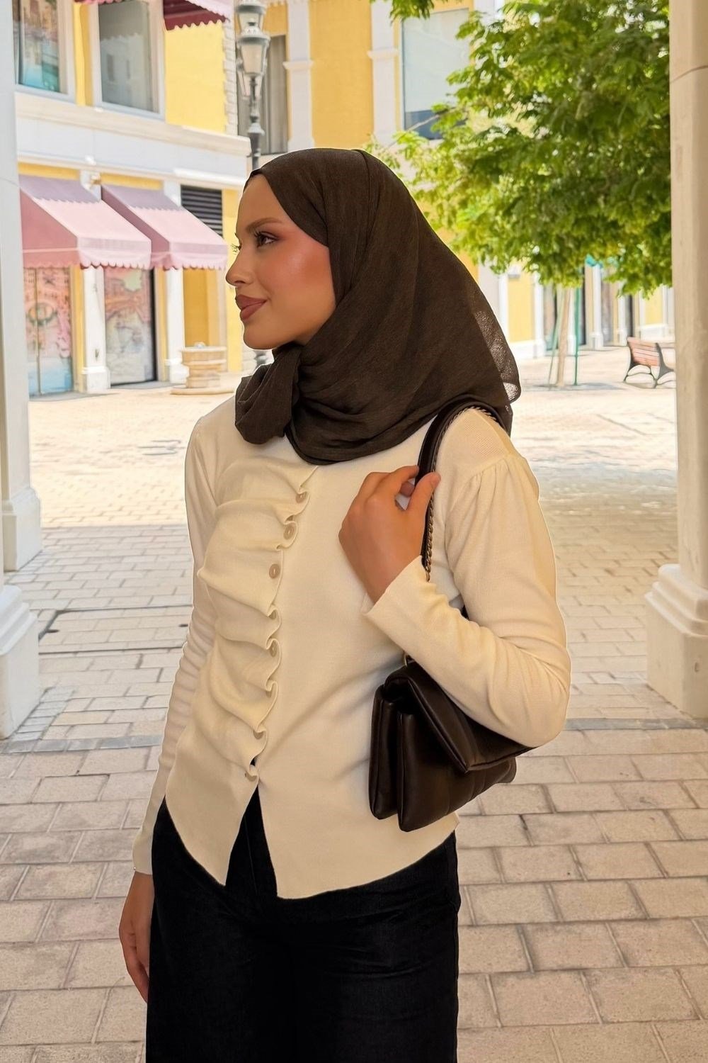 Turkuaz Büzgü Düğmeli Hırka Krem 26236 