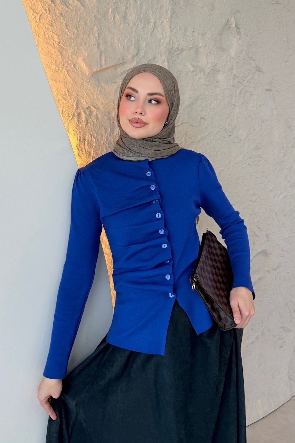 Turkuaz Büzgü Düğmeli Hırka Saks 26236 